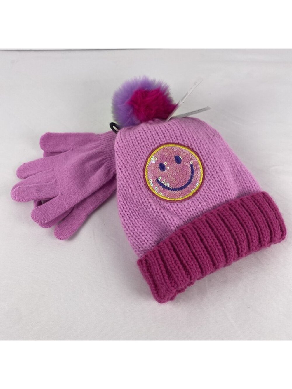 Girls' Happy Face Purple Green Yellow Pom Pom Pink Knit Hat and Glove Set OS NWT